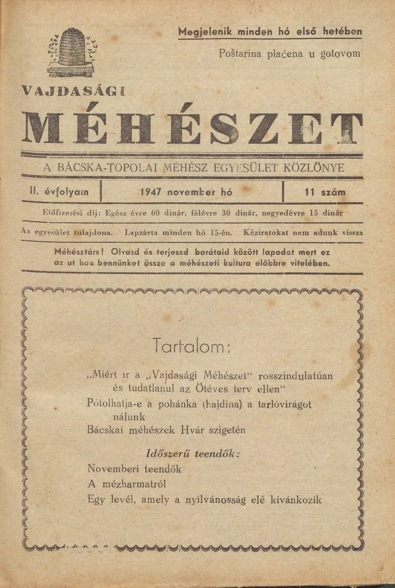 Vajdasági méhészet Bácska Topolya, 2. évf. 1947. november 1. 11. sz.