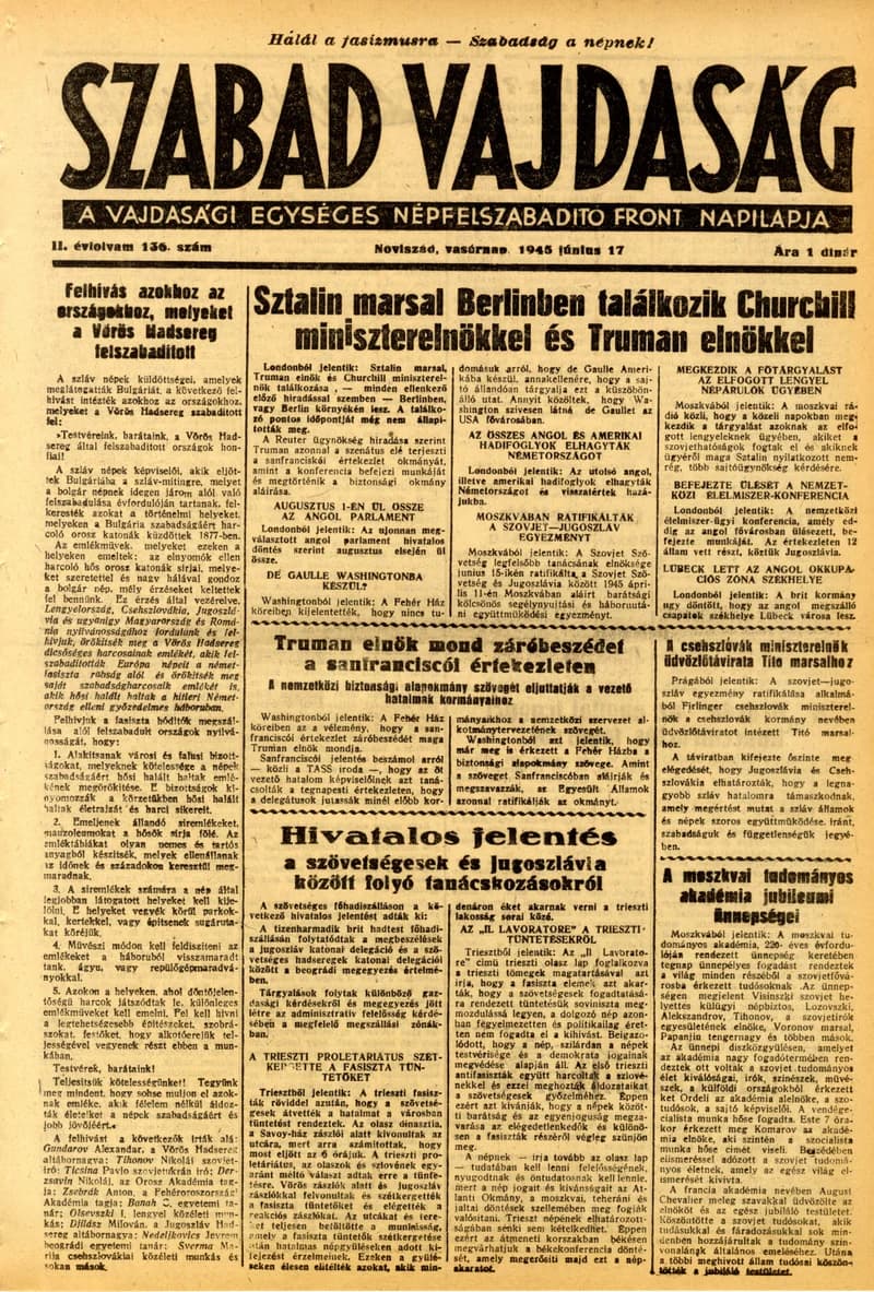 Szabad Vajdaság, 2. évf. 1945. június 17. 136. sz.