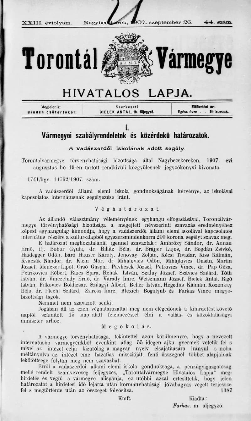 Torontál Vármegye Hivatalos Lapja, 23. évf. 1907. szeptember 26. 44. sz.
