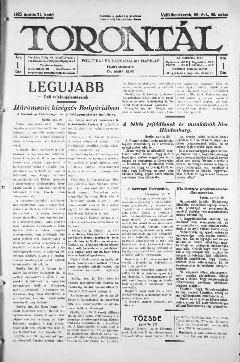 Torontál, 54. évf. 1925. április 21. 89. sz.