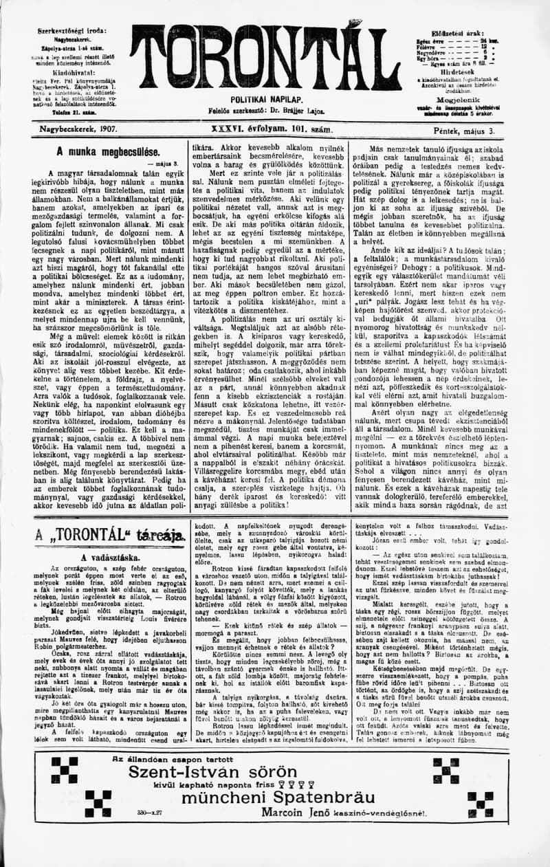 Torontál, 36. évf. 1907. május 3. 101. sz.