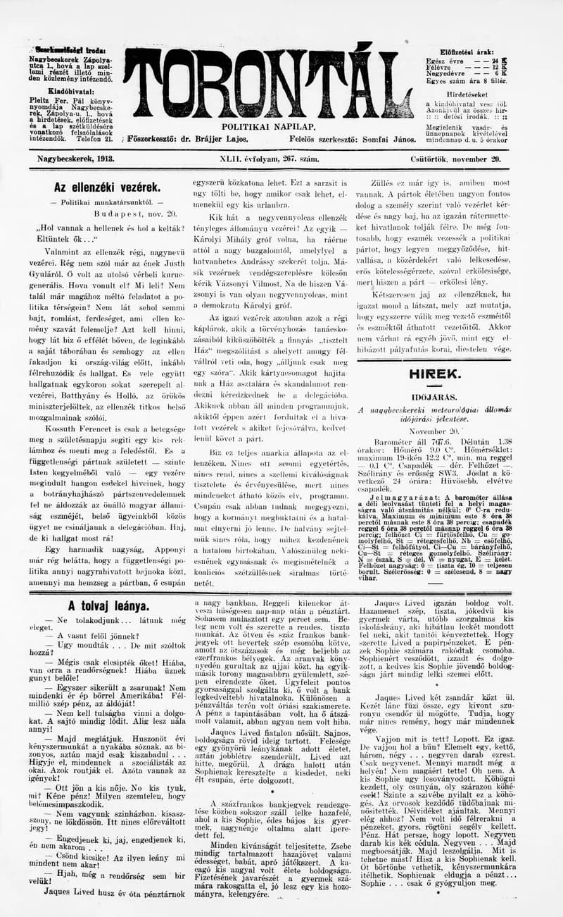 Torontál, 42. évf. 1913. november 20. 267. sz.