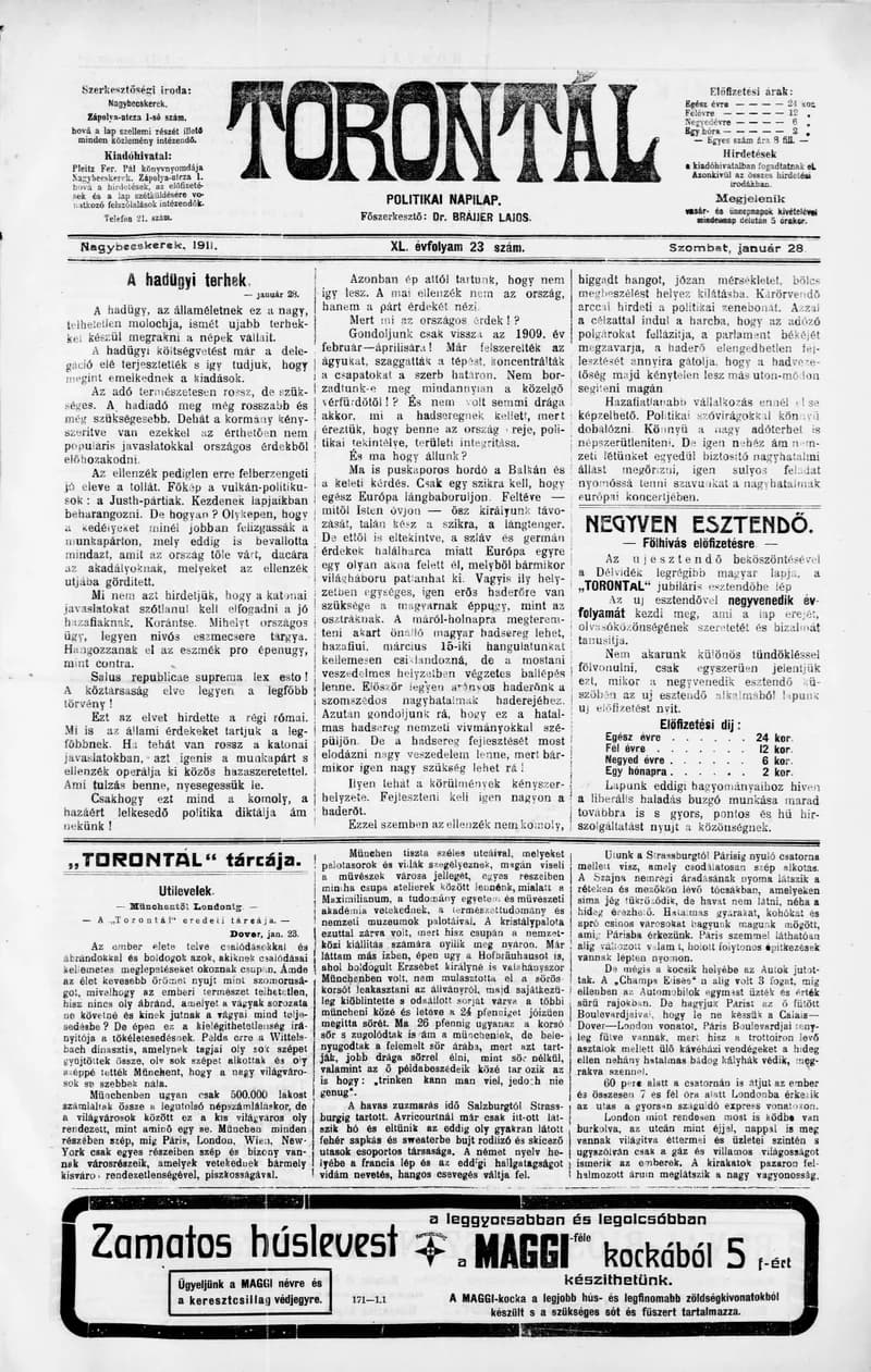 Torontál, 40. évf. 1911. január 28. 23. sz.