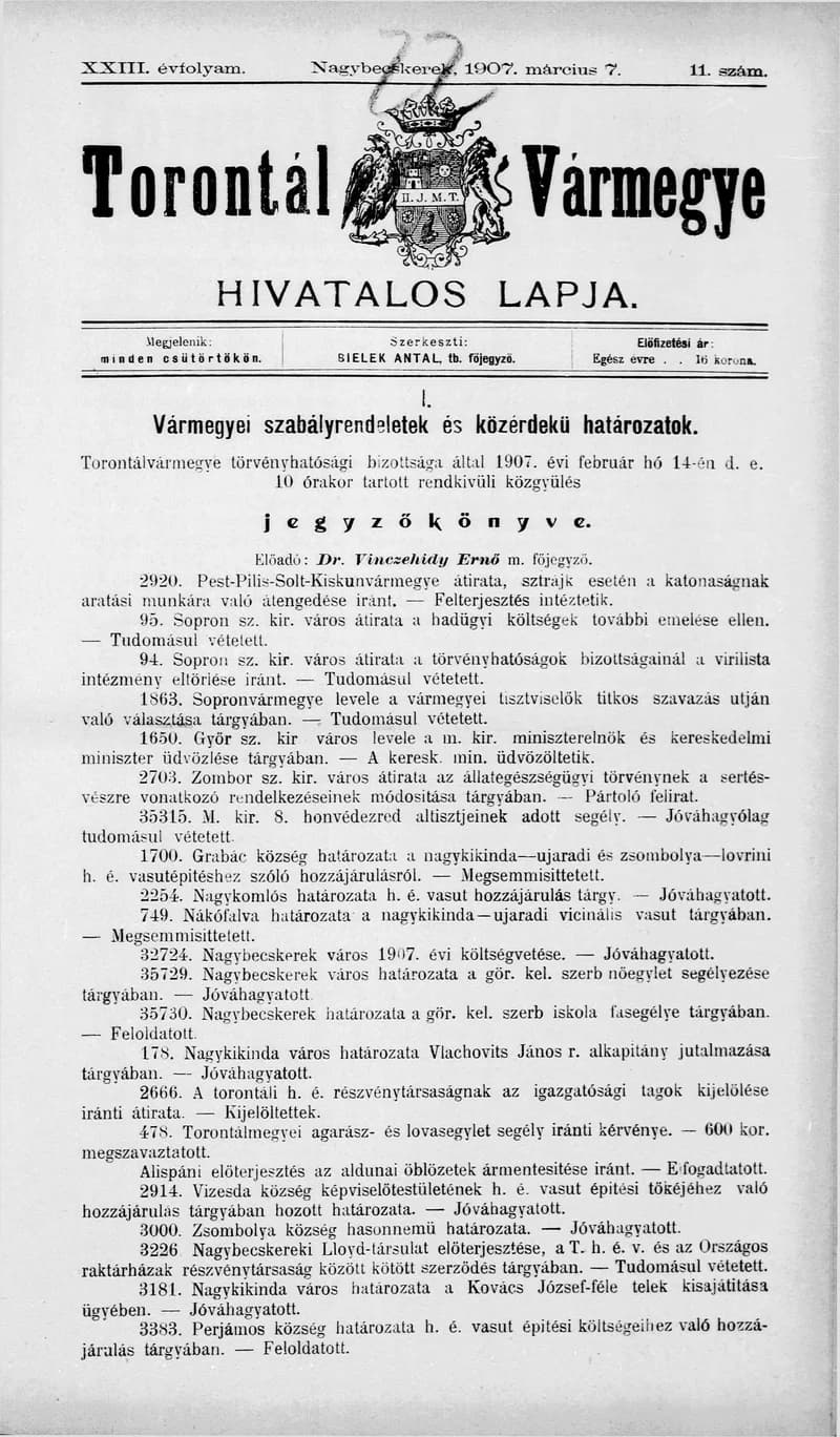 Torontál Vármegye Hivatalos Lapja, 23. évf. 1907. március 7. 11. sz.