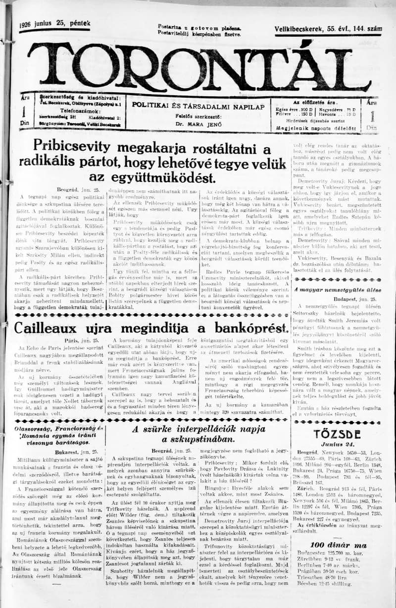 Torontál, 55. évf. 1926. június 25. 144. sz.