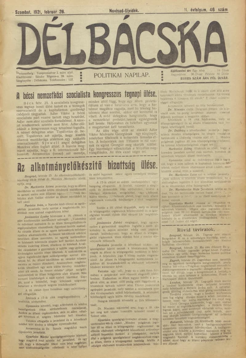Délbácska, 2. évf. 1921. február 26. 46. sz.