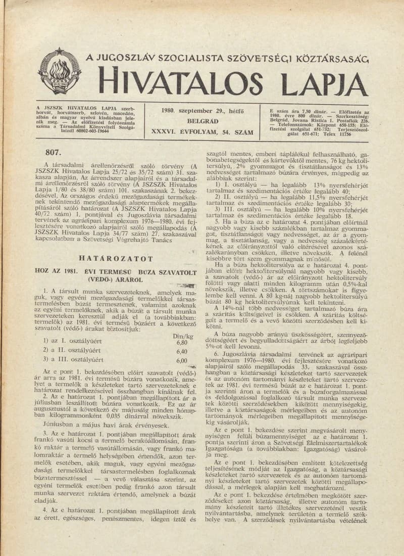A Jugoszláv Szocialista Szövetségi Köztársaság Hivatalos Lapja, 36. évf. 1980. szeptember 29. 54. sz. 1613–1632. oldal