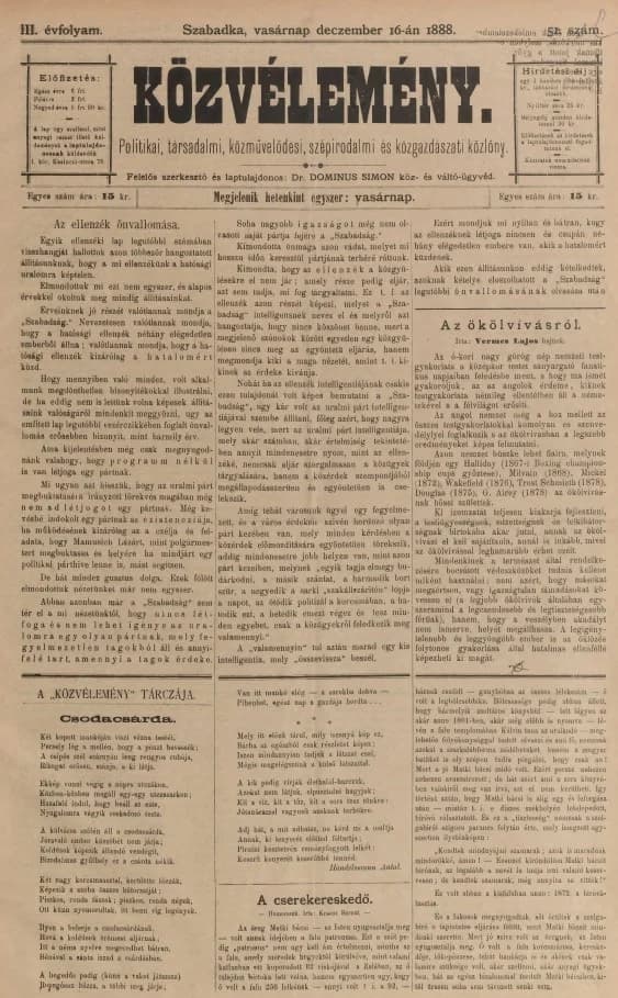 Közvélemény, 3. évf. 1888. december 16. 51. sz.