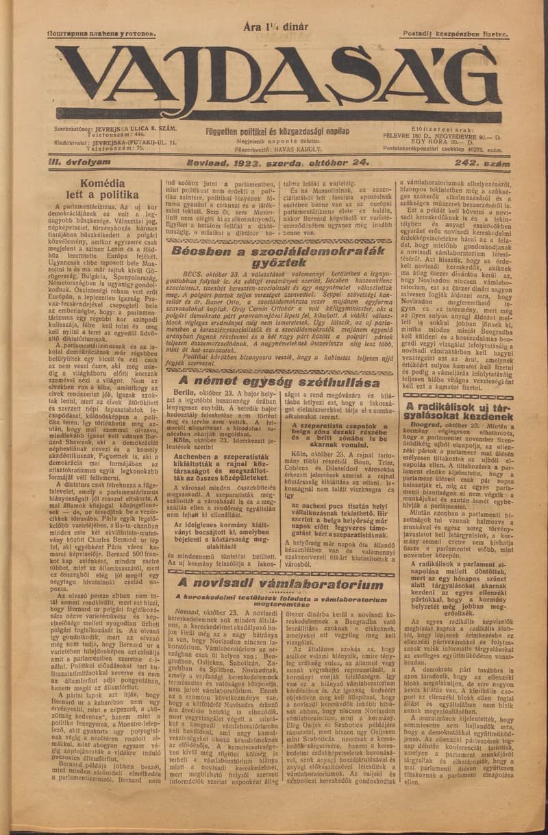 Vajdaság, 3. évf. 1923. október 24. 242. sz.