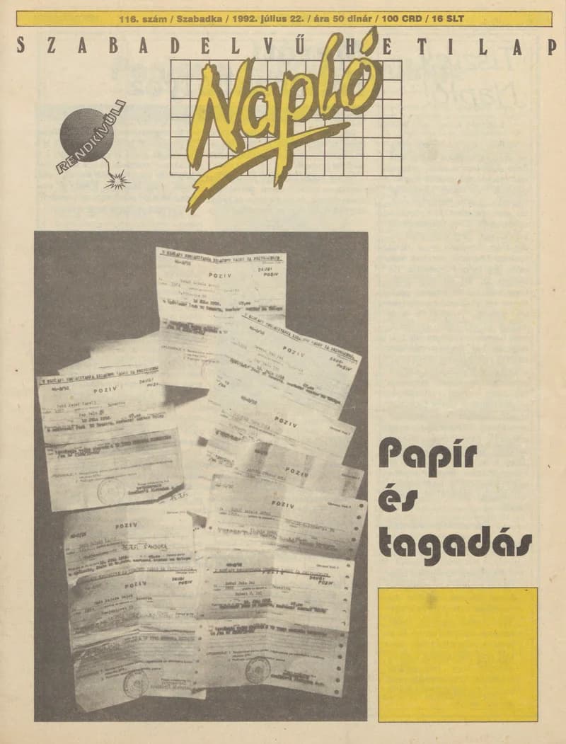 Napló - Szabadelvű hetilap, 3. évf. 1992. július 22. 116. sz.