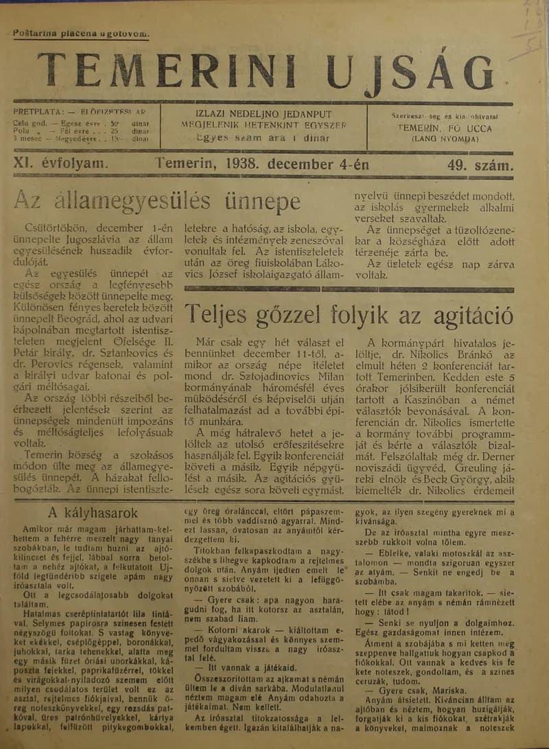 Temerini Újság 1928-1944, 11. évf. 1938. december 4. 49. sz.