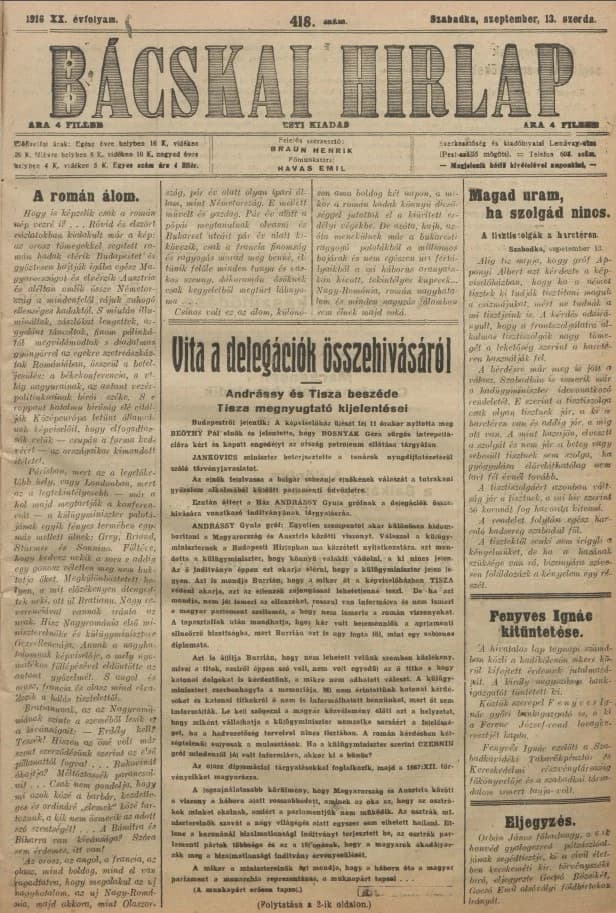 Bácskai Hirlap, 20. évf. 1916. szeptember 13. 418. sz.
