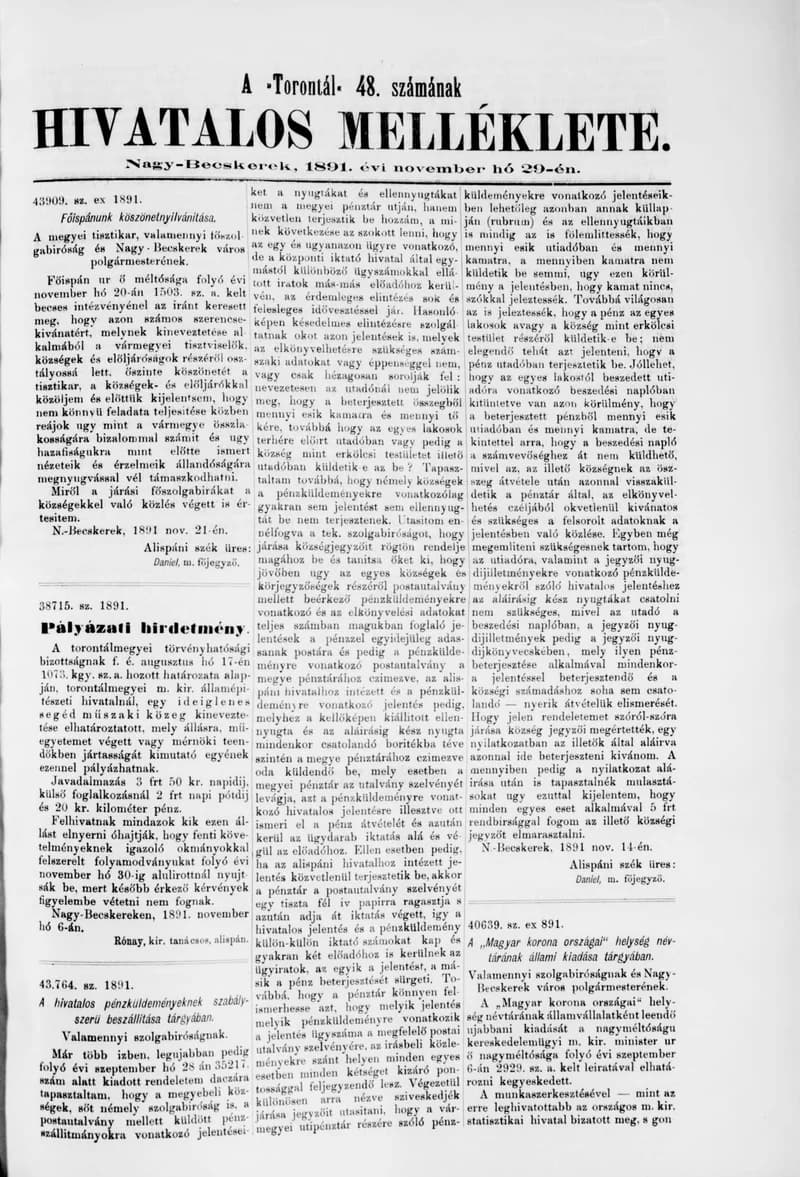 A Totontál  hivatalos melléklete, 4. évf. 1891. november 29. 48. sz.