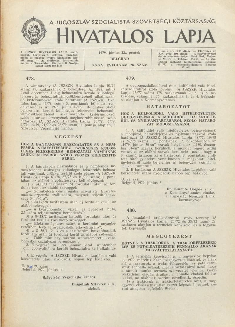 A Jugoszláv Szocialista Szövetségi Köztársaság Hivatalos Lapja, 35. évf. 1979. június 22. 28. sz. 913–920. oldal