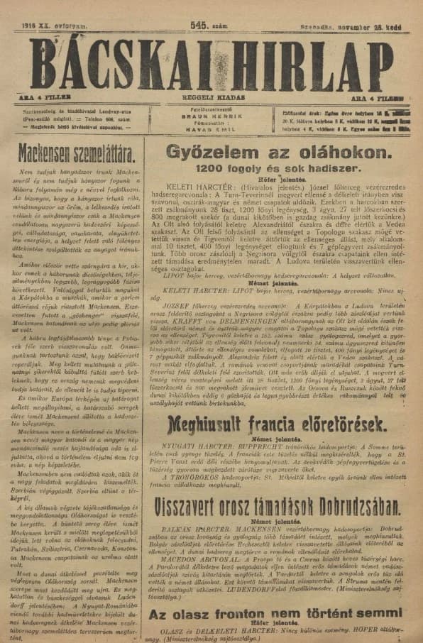 Bácskai Hirlap, 20. évf. 1916. november 28. 545. sz.