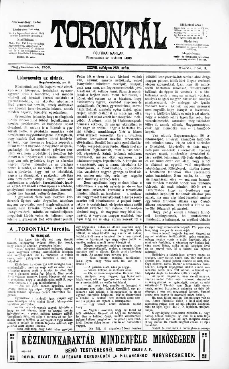 Torontál, 37. évf. 1908. november 11. 259. sz.