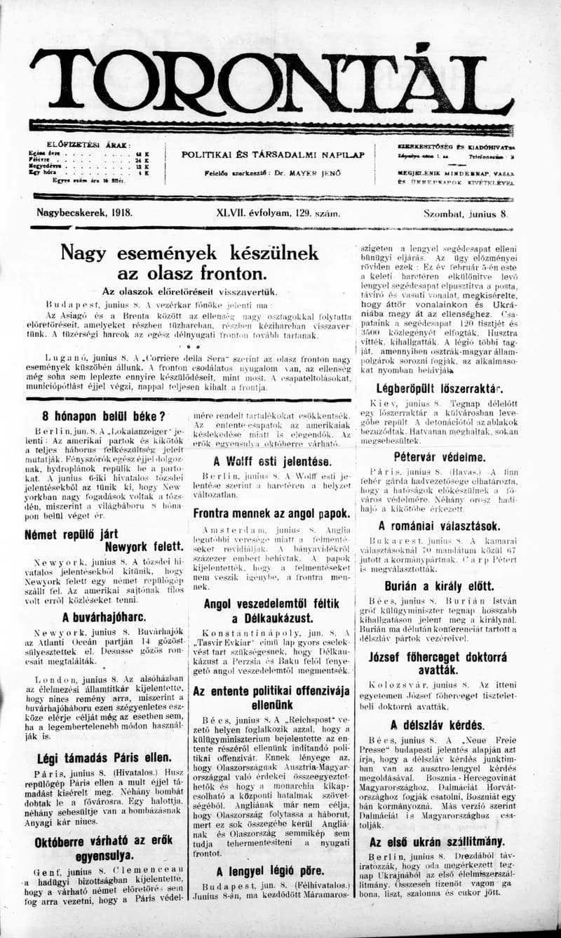 Torontál, 47. évf. 1918. június 8. 129. sz.