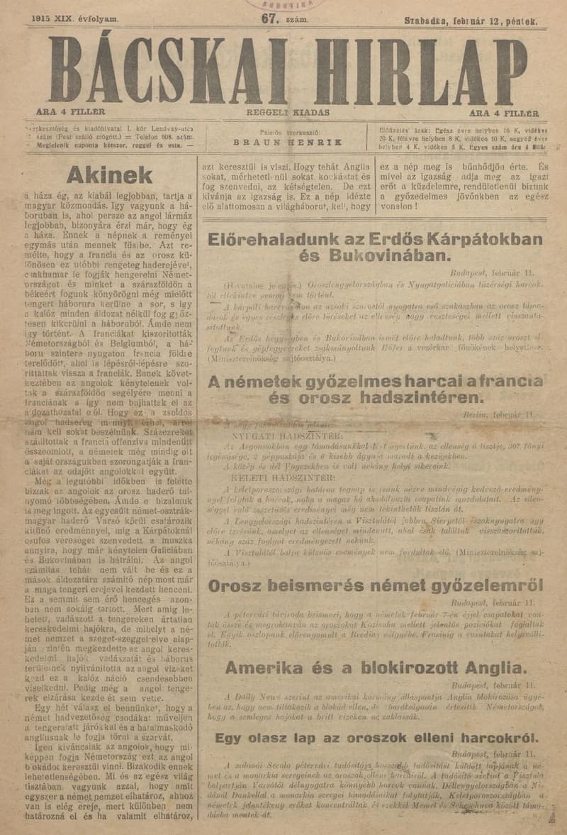 Bácskai Hirlap, 19. évf. 1915. február 12. 67. sz.