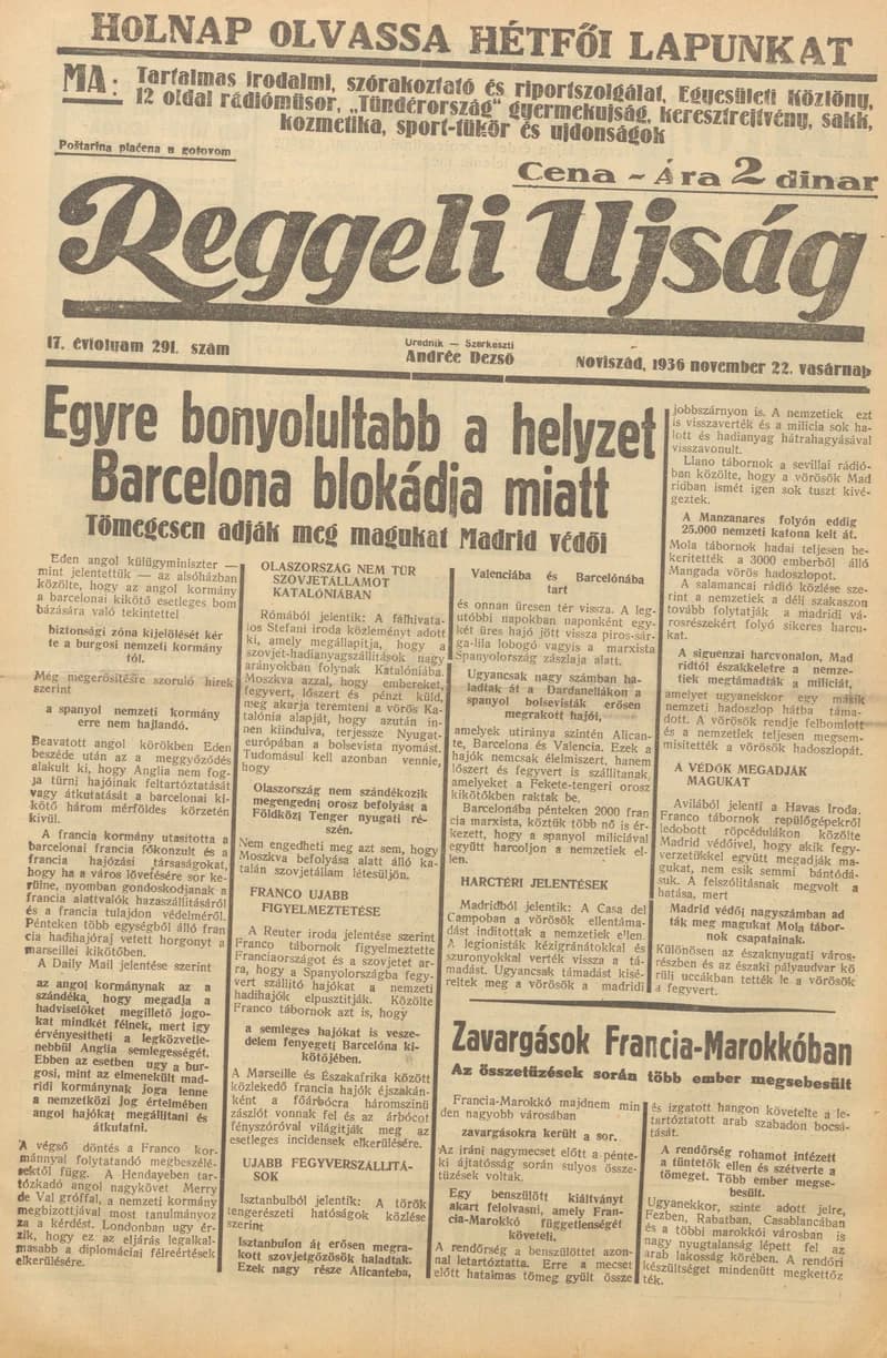 Reggeli Újság, 17. évf. 1936. november 22. 291. sz.
