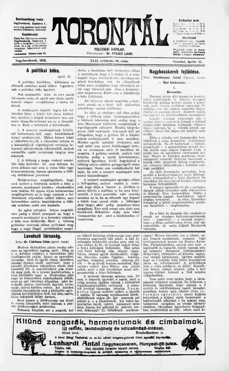 Torontál, 42. évf. 1913. április 12. 84. sz.
