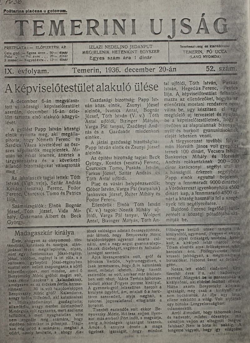 Temerini Újság 1928-1944, 9. évf. 1936. december 20. 52. sz.