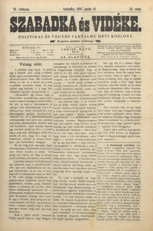 Szabadka és vidéke II, 6. évf. 1898. június 12. 24. sz.