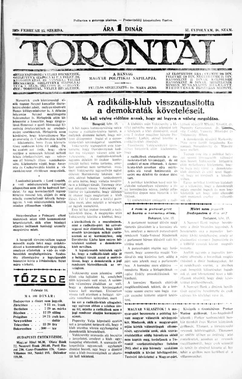 Torontál, 57. évf. 1928. február 15. 38. sz.