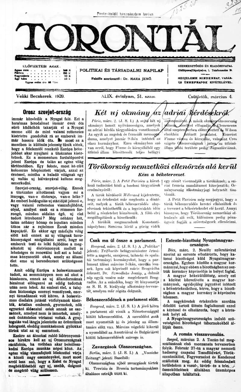 Torontál, 49. évf. 1920. március 4. 51. sz.
