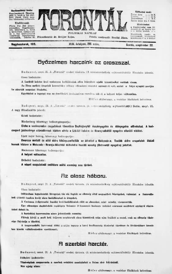 Torontál, 44. évf. 1915. szeptember 22. 216. sz.