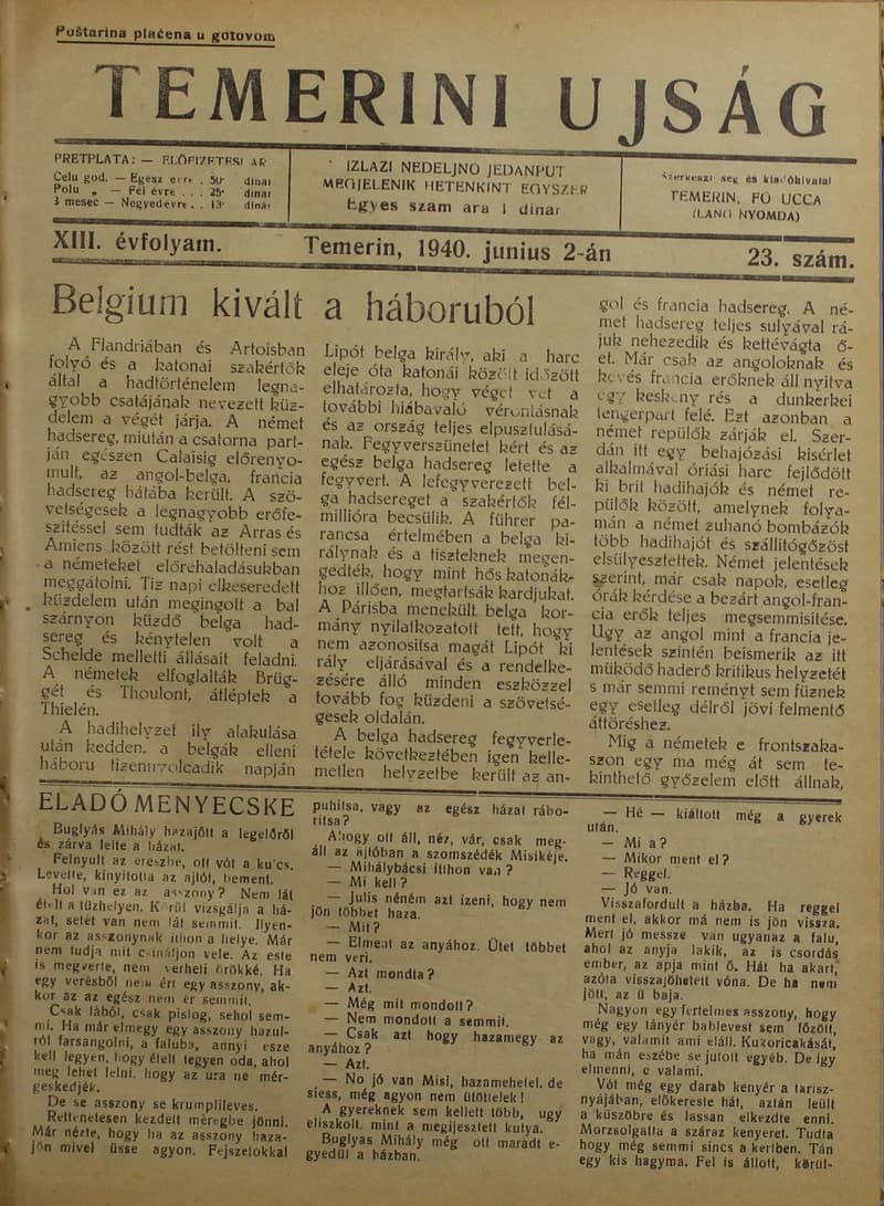 Temerini Újság 1928-1944, 13. évf. 1940. június 2. 23. sz.