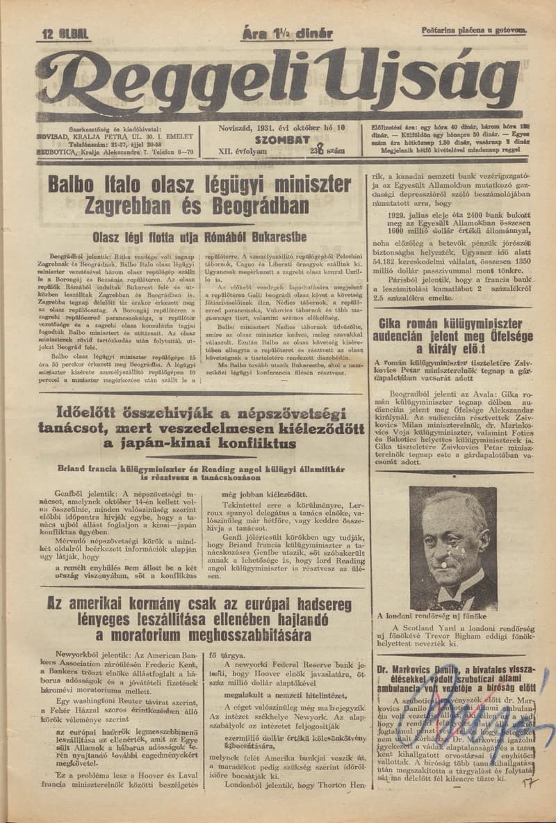 Reggeli Újság, 12. évf. 1931. október 10. 238. sz.