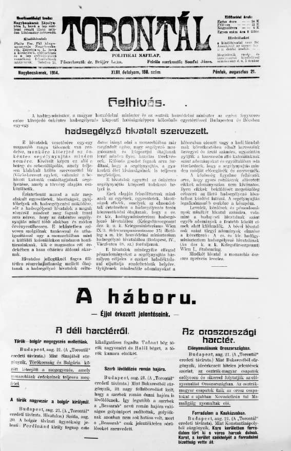 Torontál, 43. évf. 1914. augusztus 21. 188. sz.