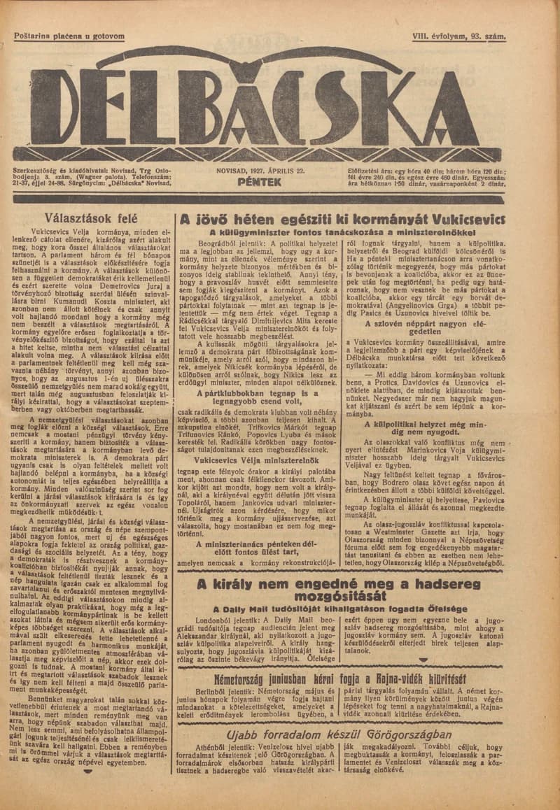 Délbácska, 8. évf. 1927. április 22. 93. sz.