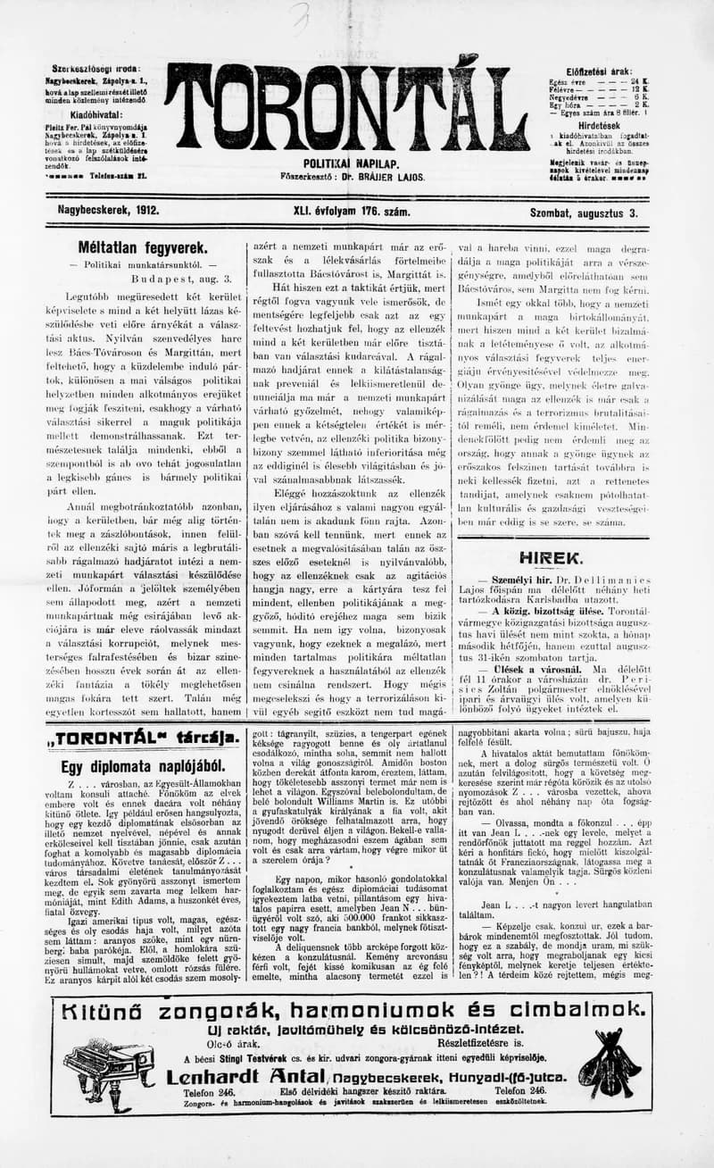 Torontál, 41. évf. 1912. augusztus 3. 176. sz.