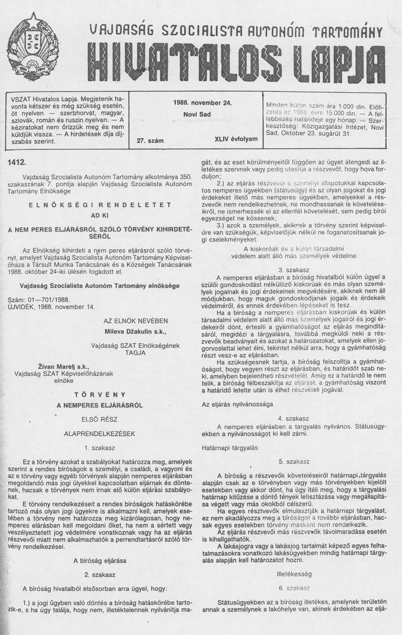 Vajdaság Szocialista Autonóm Tartomány Hivatalos Lapja, 44. évf. 1988. november 24. 27. sz.