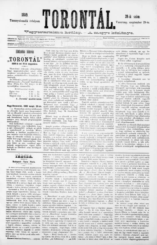 Torontál, 18. évf. 1889. szeptember 29. 39. sz.