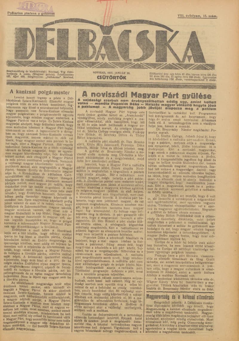 Délbácska, 8. évf. 1927. január 20. 15. sz.