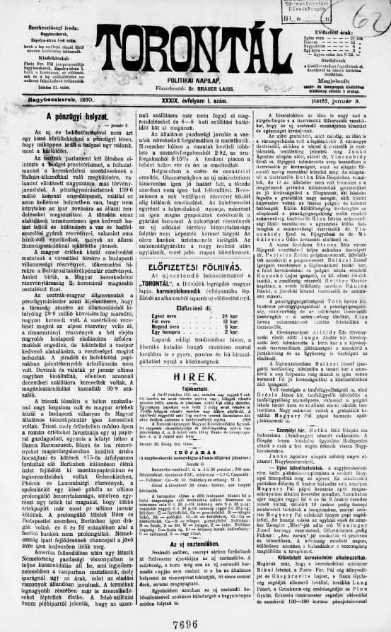 Torontál, 39. évf. 1910. január 3. 1. sz.