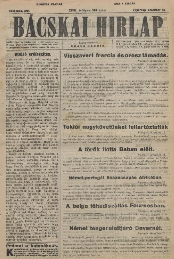 Bácskai Hirlap, 18. évf. 1914. december 13. 346. sz.
