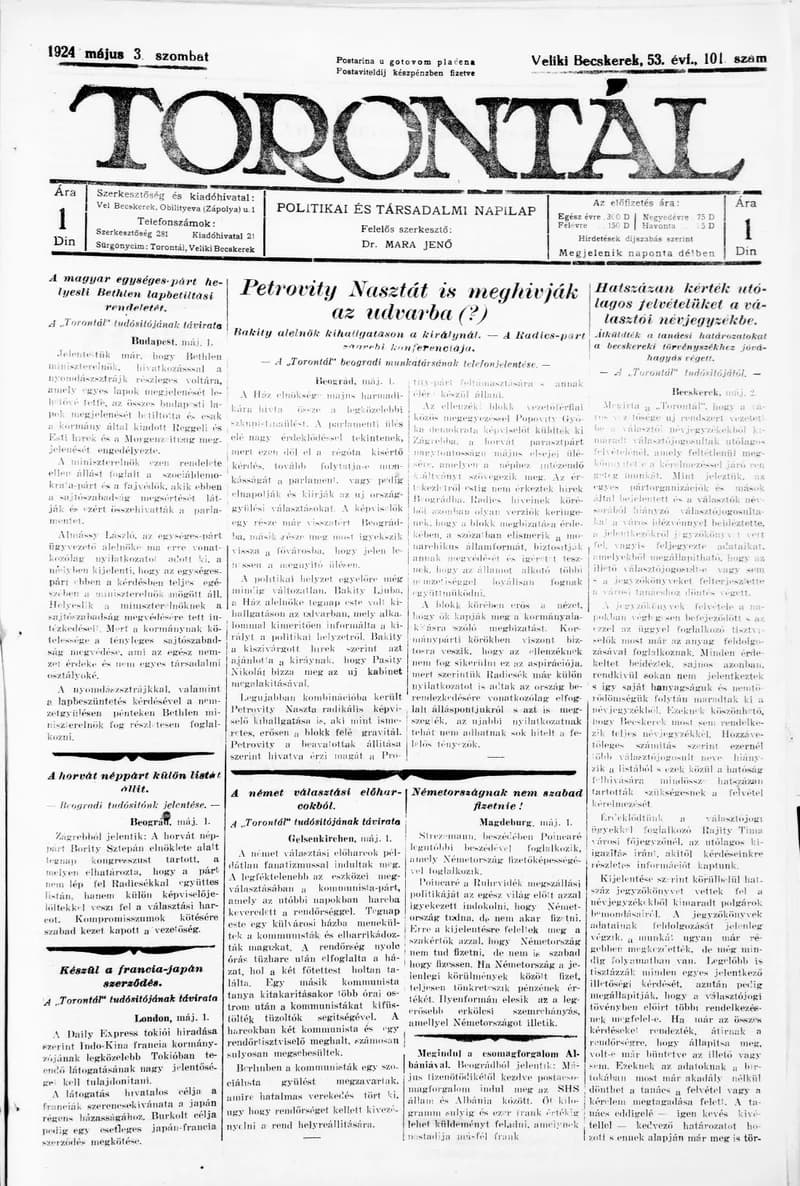 Torontál, 53. évf. 1924. május 3. 101. sz.