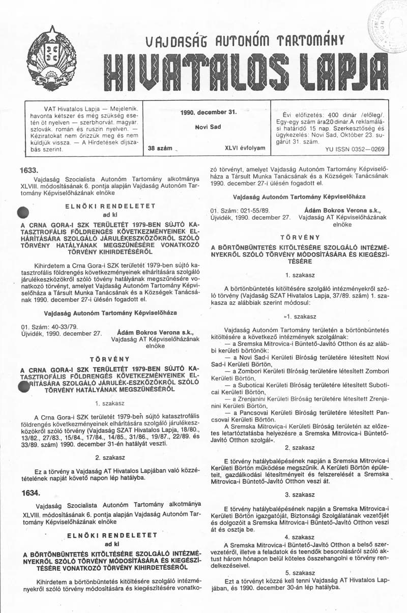 Vajdaság Szocialista Autonóm Tartomány Hivatalos Lapja, 46. évf. 1990. december 31. 38. sz.