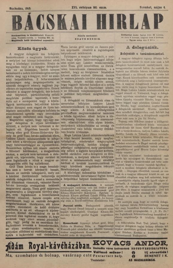 Bácskai Hirlap, 16. évf. 1912. május 4. 101. sz.