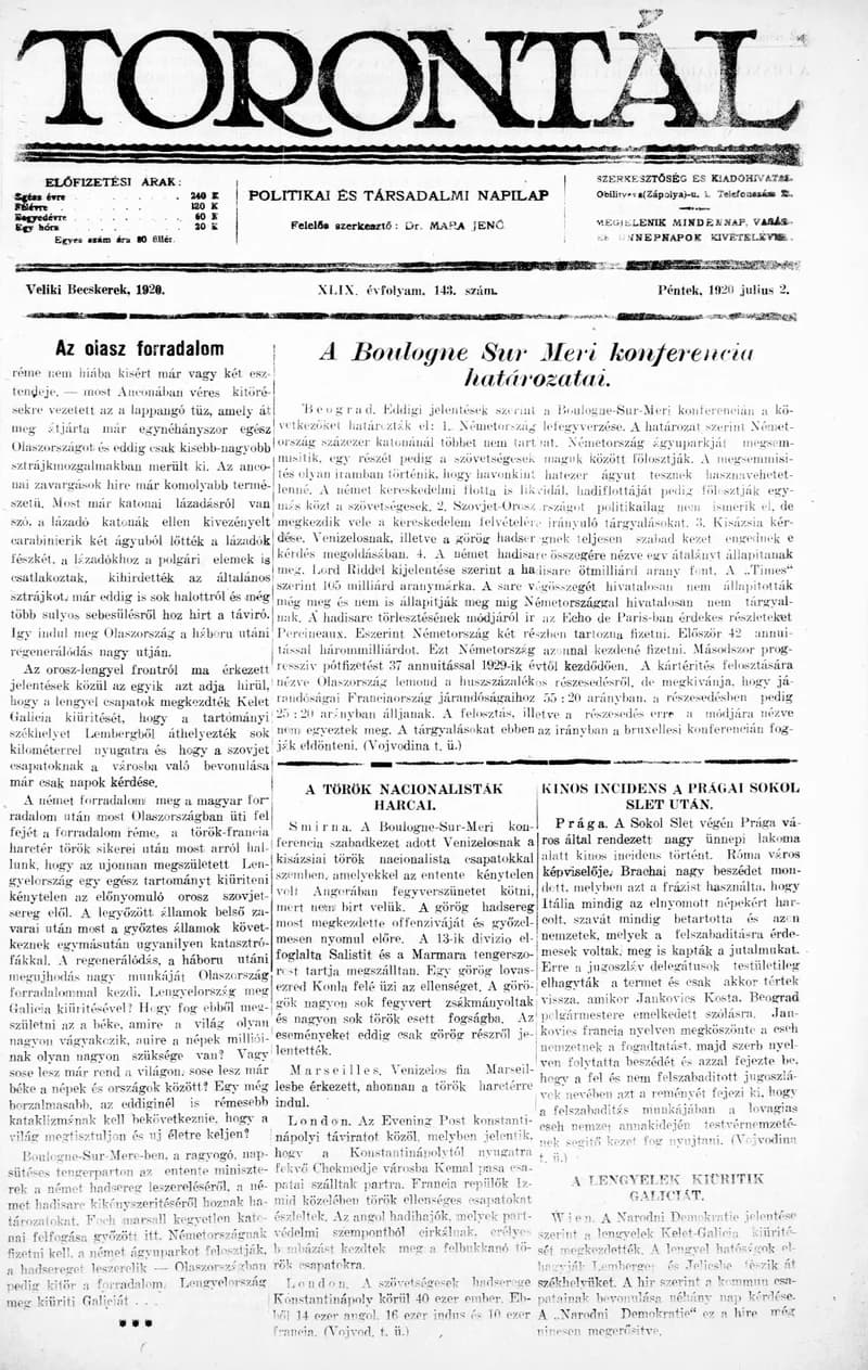 Torontál, 49. évf. 1920. július 2. 143. sz.
