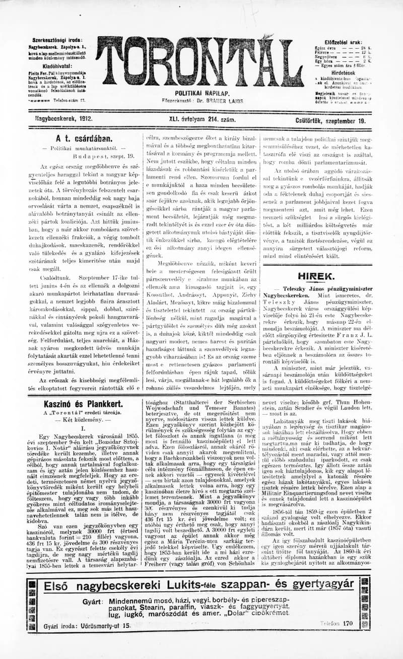 Torontál, 41. évf. 1912. szeptember 19. 214. sz.