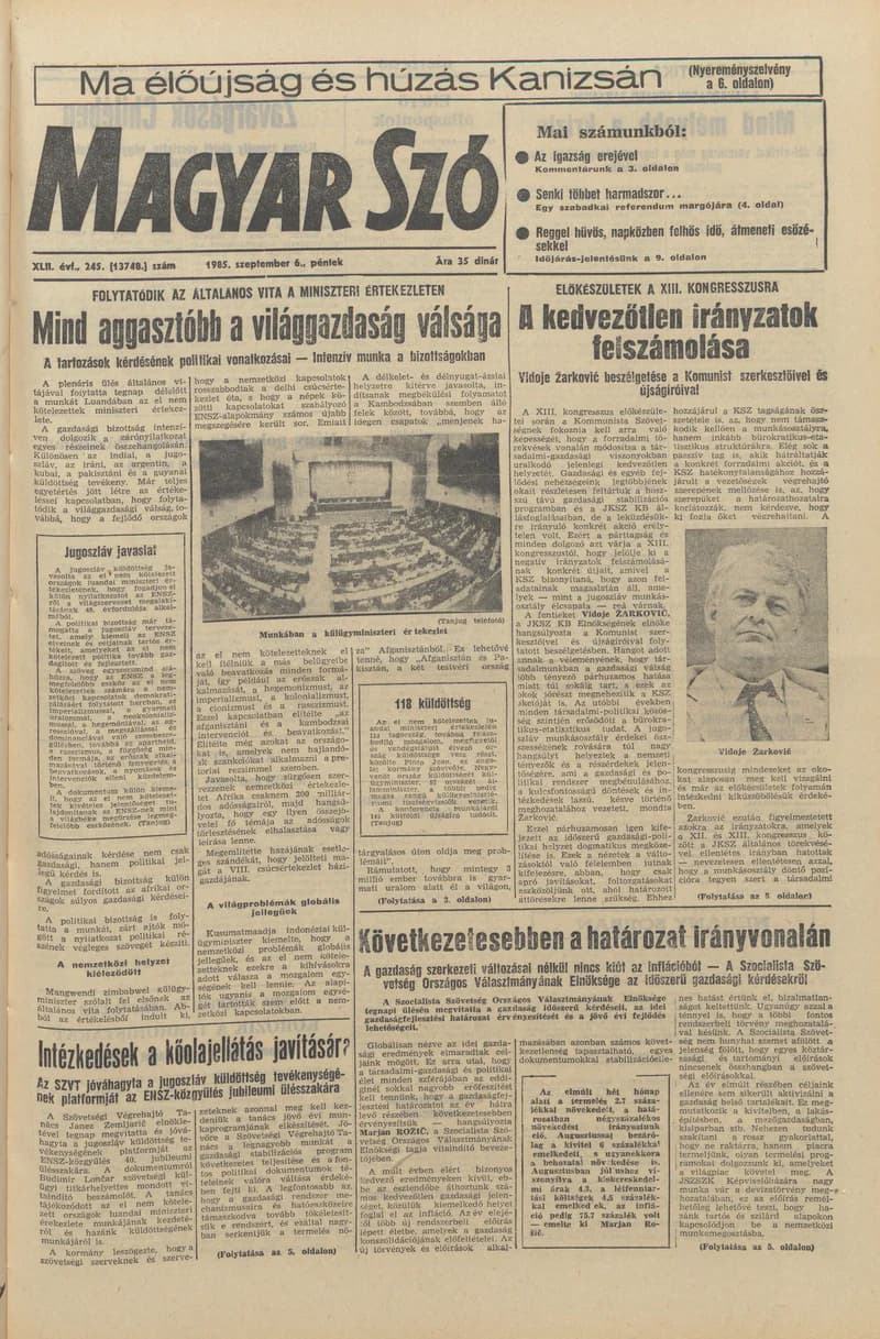Magyar Szó, 42. évf. 1985. szeptember 6. 245. sz. 1–20. oldal