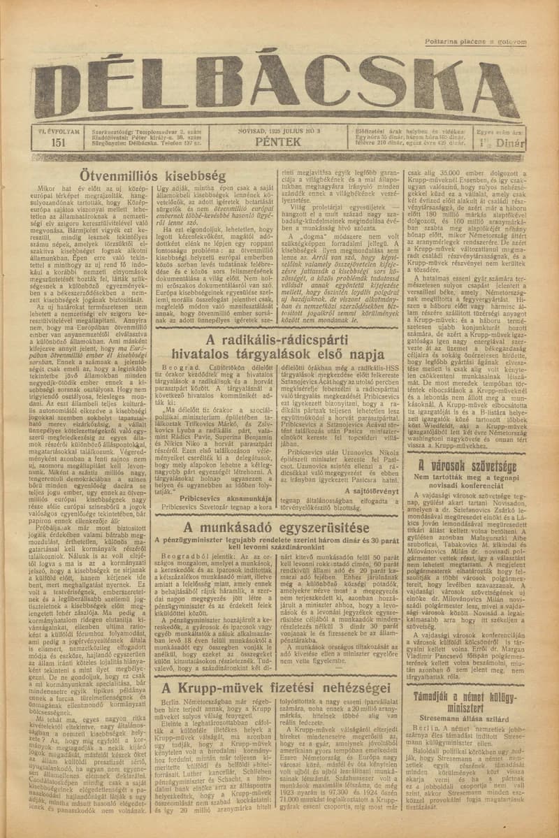 Délbácska, 6. évf. 1925. július 3. 151. sz.