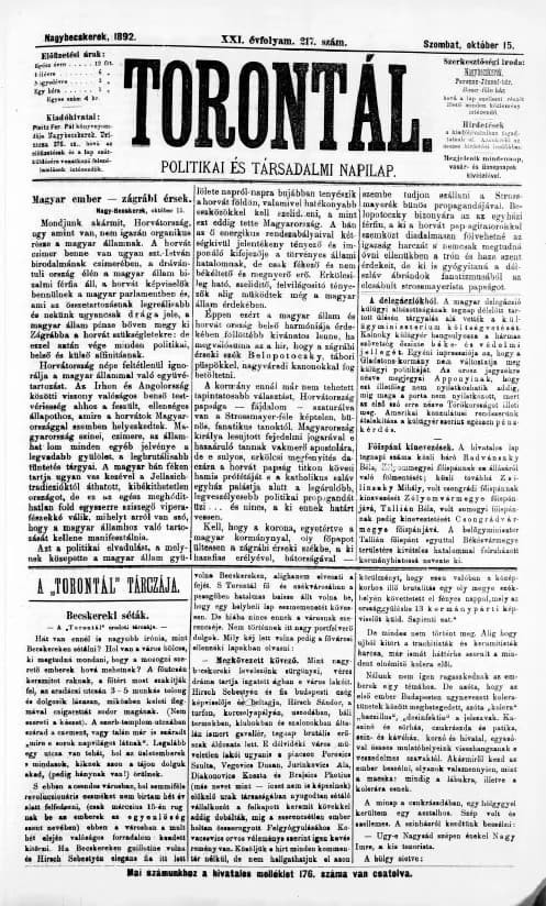 Torontál, 21. évf. 1892. október 15. 217. sz.