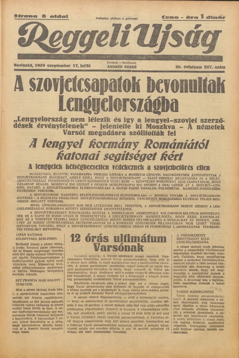 Reggeli Újság, 20. évf. 1939. szeptember 18. 257. sz.