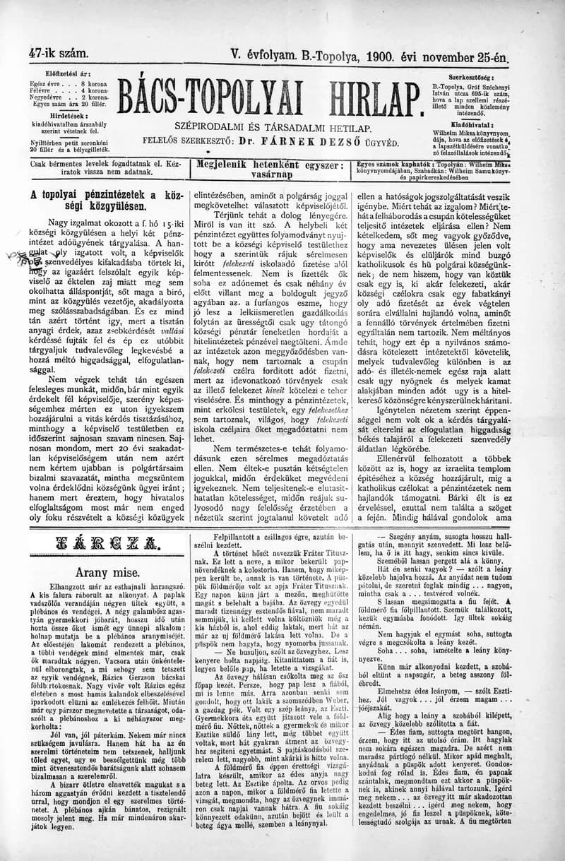Bács-Topolyai Hirlap, 5. évf. 1900. november 25. 47. sz.