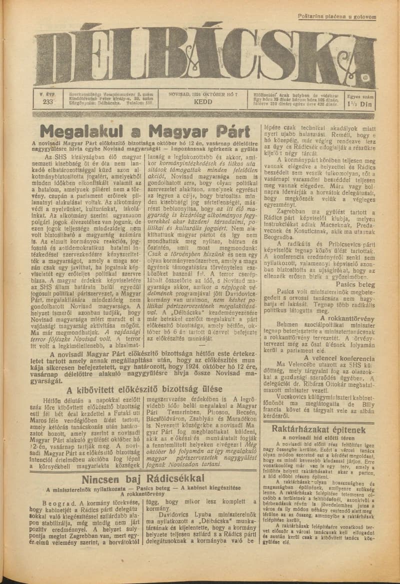 Délbácska, 5. évf. 1924. október 7. 233. sz.